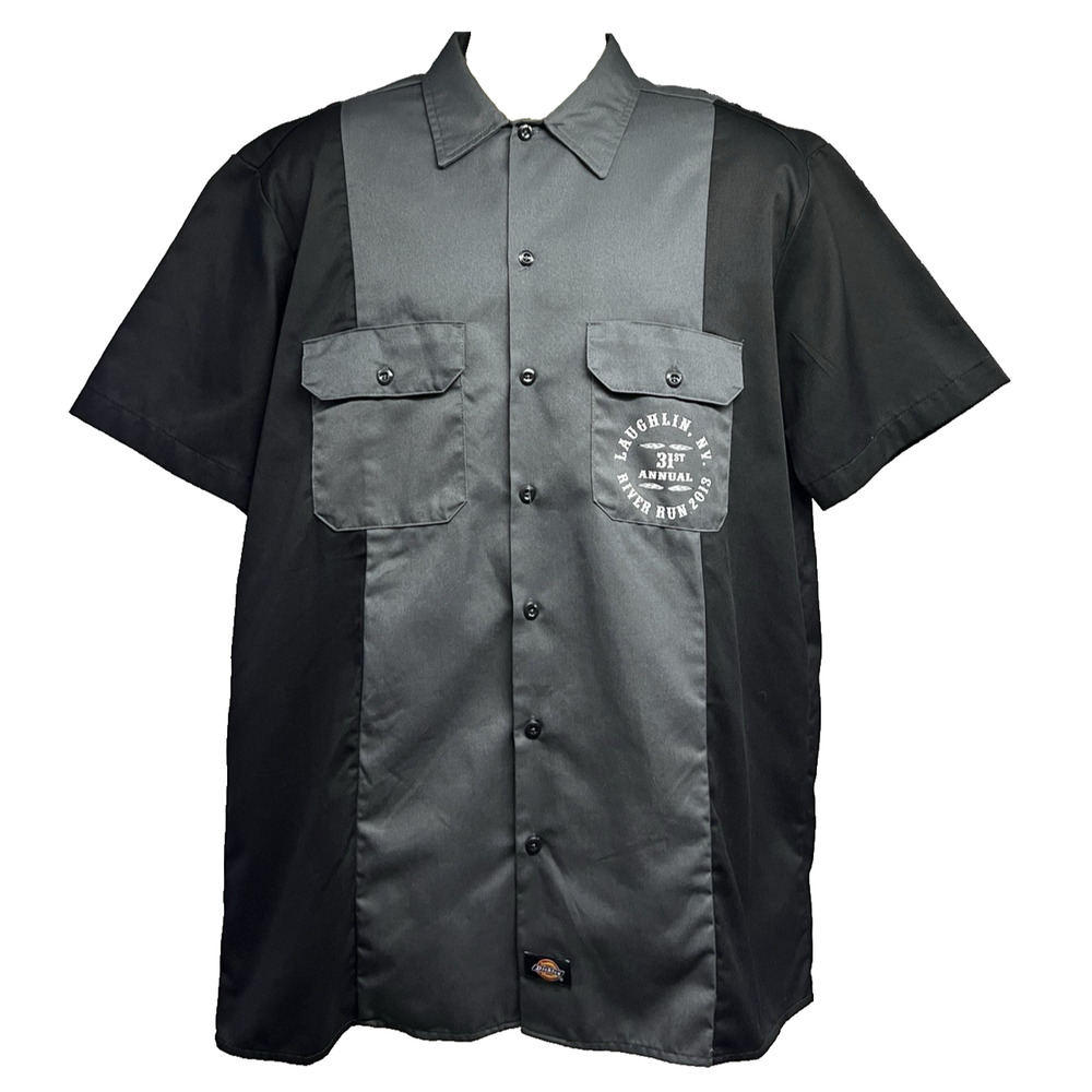 Dickies Gray Black Double Graphic Embroider Mechanic Garage Button Up Shirt L - Picture 2 of 10